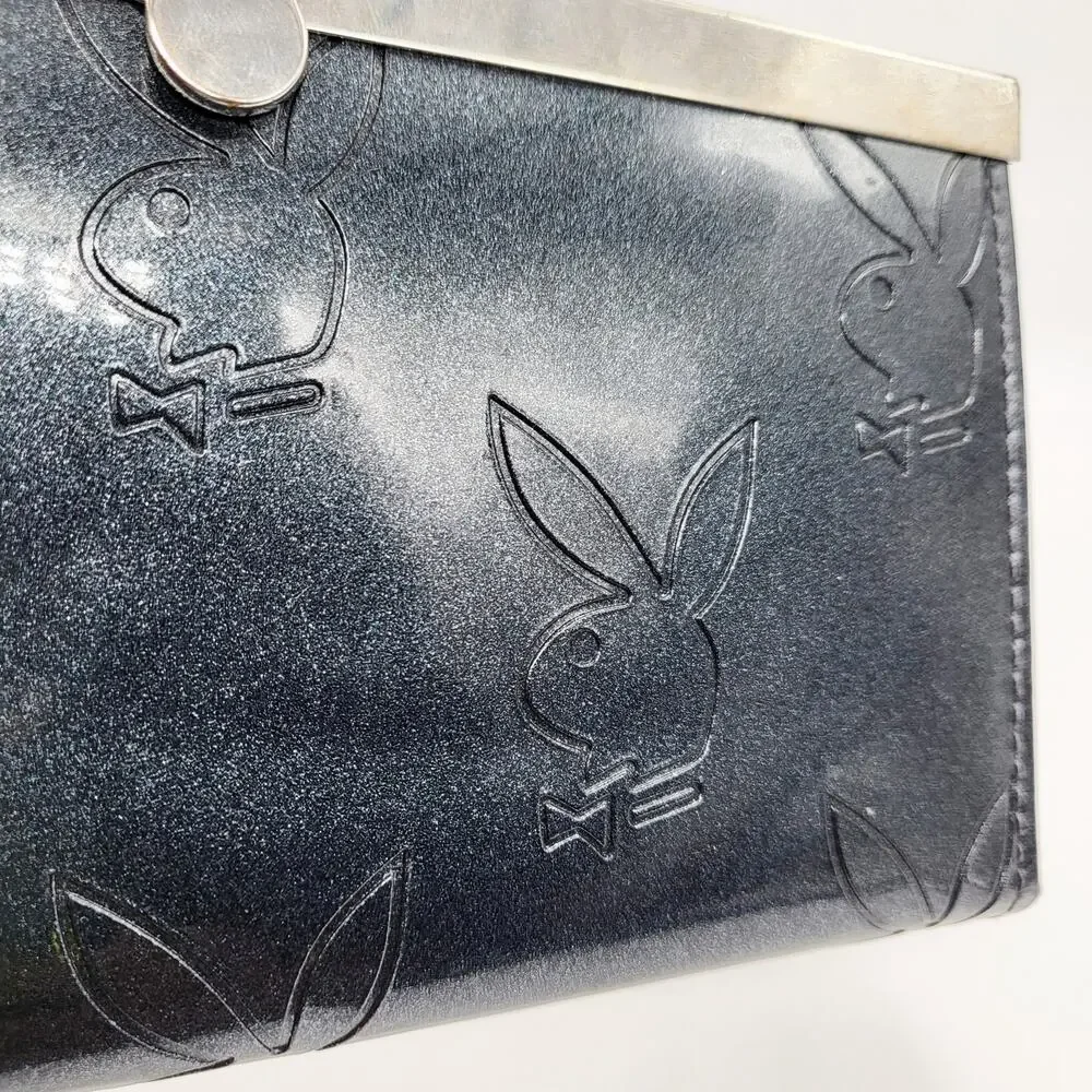 Y2K Playboy Sparkly Charcoal Grey Embossed Signature Bunny Logo Large Wallet
